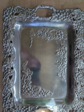 large Arthur Court Ornate Silver-Tone Serving Tray with Grape Motif